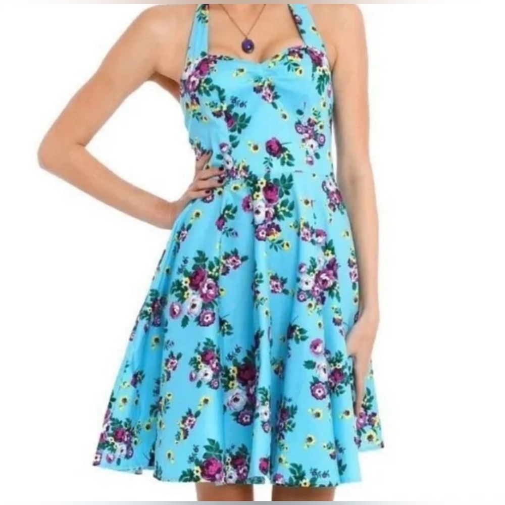 Blue Floral Halter Fit-and-Flare Dress